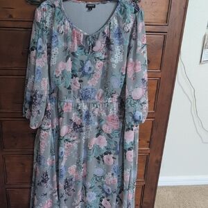 torrid Sage Floral Long Sleeve Midi Dress with Pink & Blue Blooms